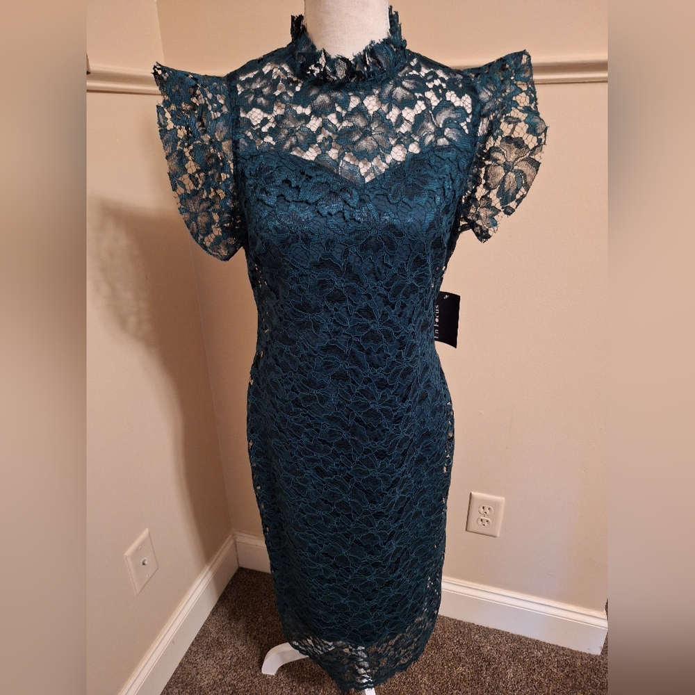 New! Never Worn, Victorian Lace Green High Neck Knee Length Dress